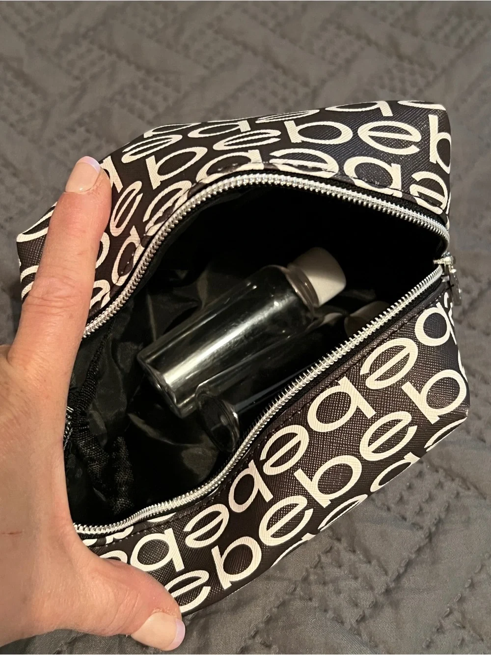 bebe Black & White Signature Logo Cosmetic Case with travel containers